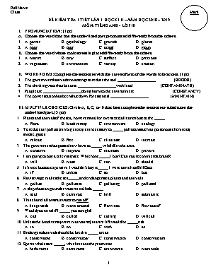 Đề kiểm tra 1 tiết lần 1 học kỳ II môn Tiếng Anh Lớp 10 - Năm học 2018-2019 (Có đáp án)